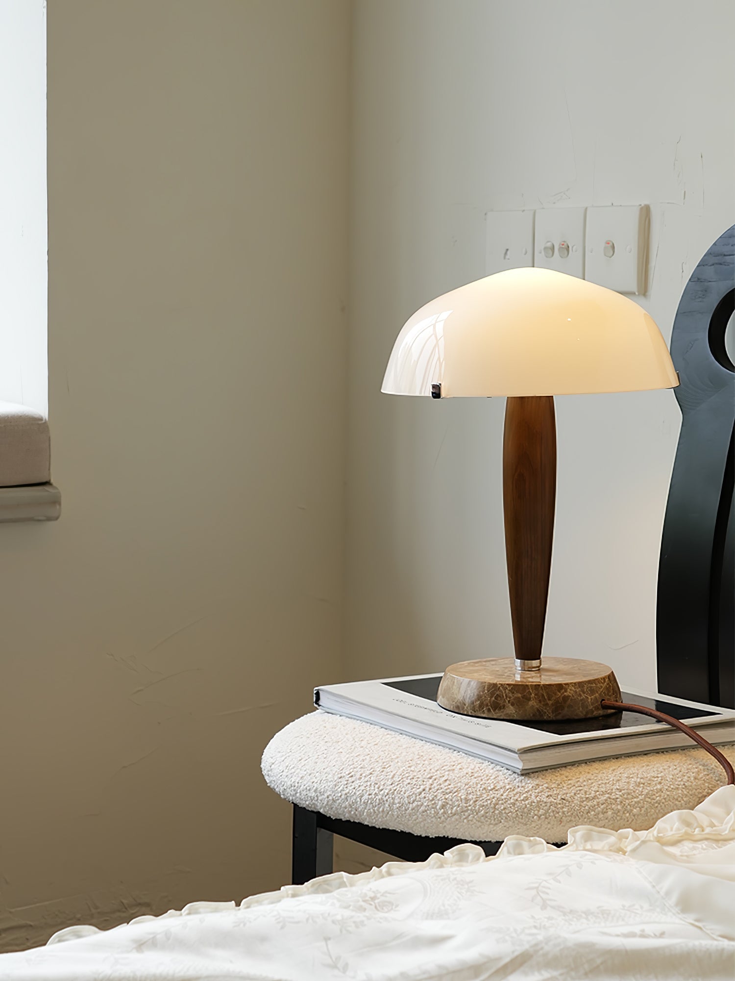 Mid Century Modern Glass Globe Table Lamp with Dark Walnut Wood and Marble Base