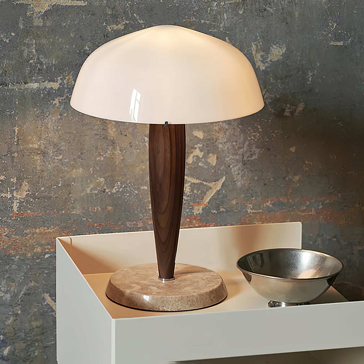 Mid Century Modern Glass Globe Table Lamp with Dark Walnut Wood and Marble Base