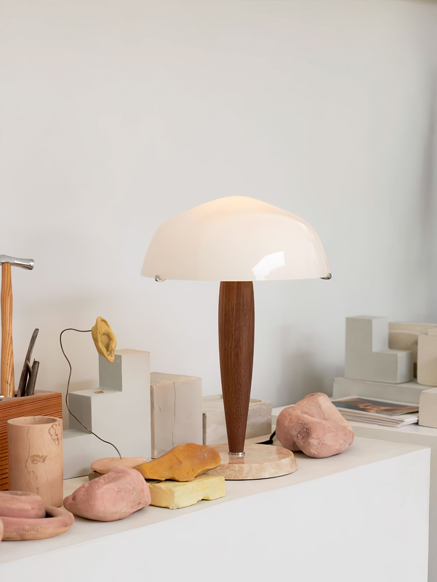 Mid Century Modern Glass Globe Table Lamp with Dark Walnut Wood and Marble Base