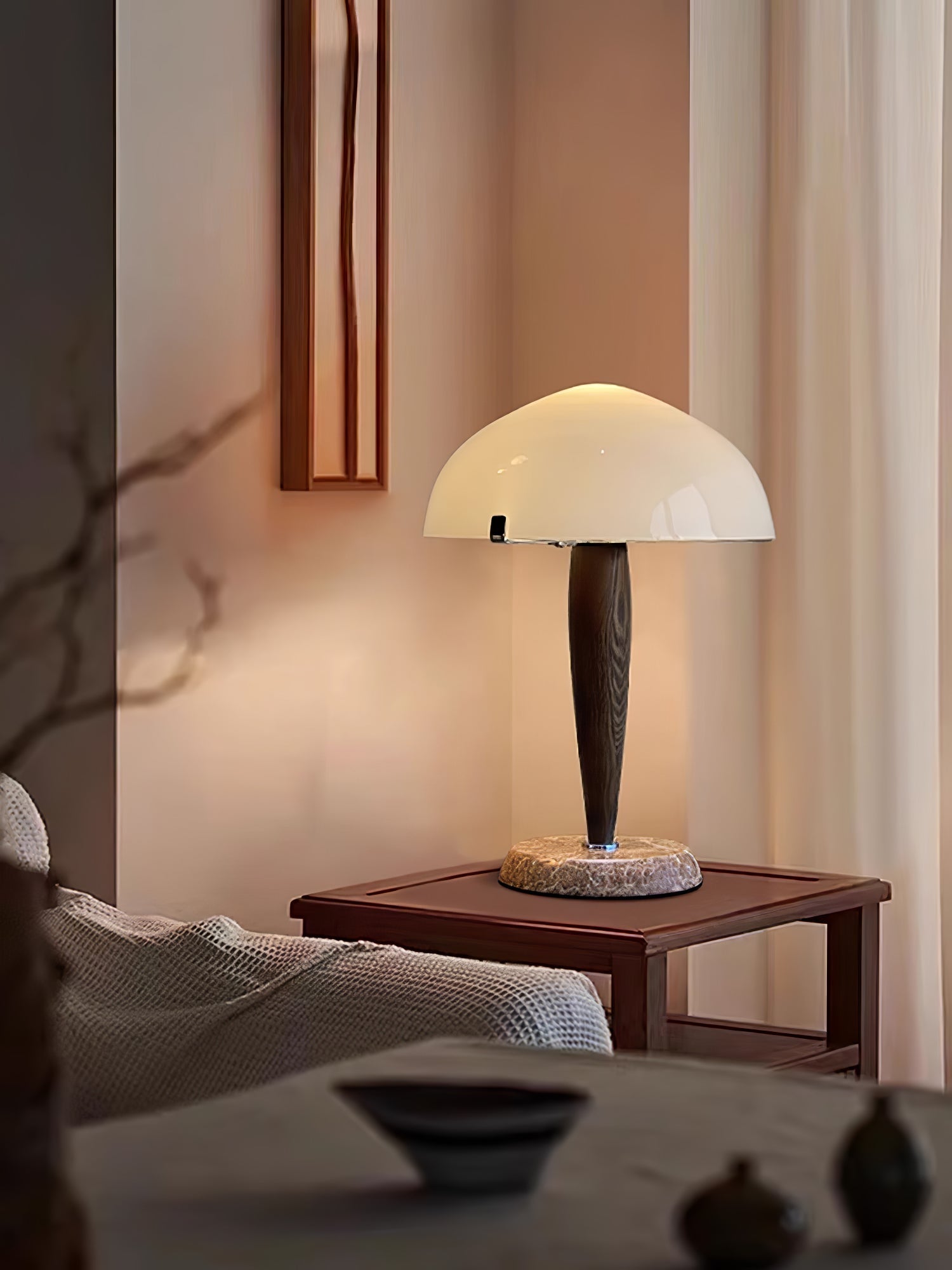 Mid Century Modern Glass Globe Table Lamp with Dark Walnut Wood and Marble Base
