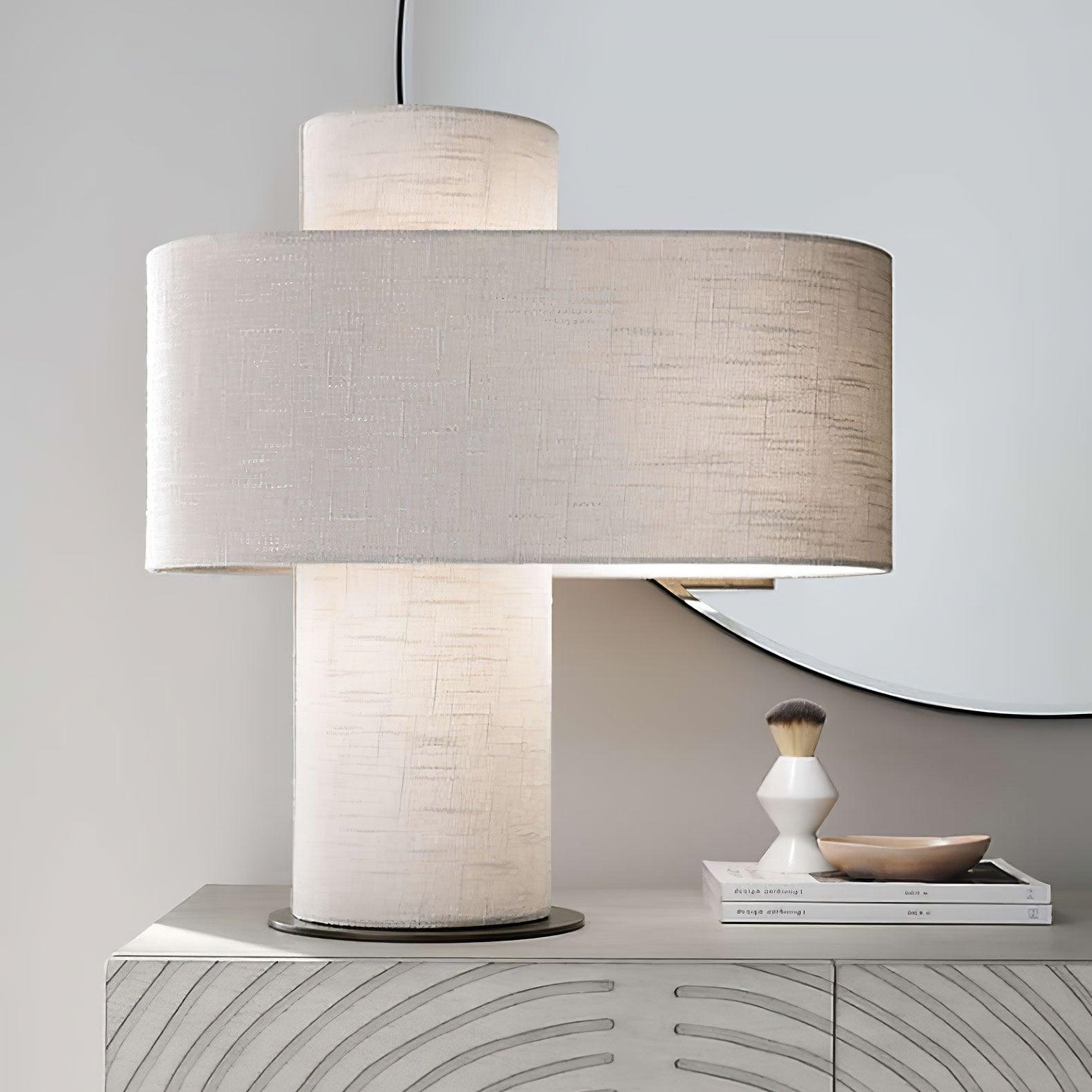 Heron Minimalist Drum Table Lamp Ivory Fabric Shade Black Metal Base for Home Decor