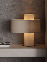 Heron Minimalist Drum Table Lamp Ivory Fabric Shade Black Metal Base for Home Decor