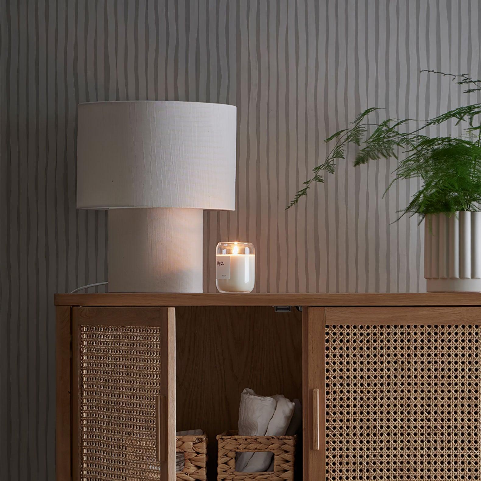 Heron Minimalist Drum Table Lamp Ivory Fabric Shade Black Metal Base for Home Decor