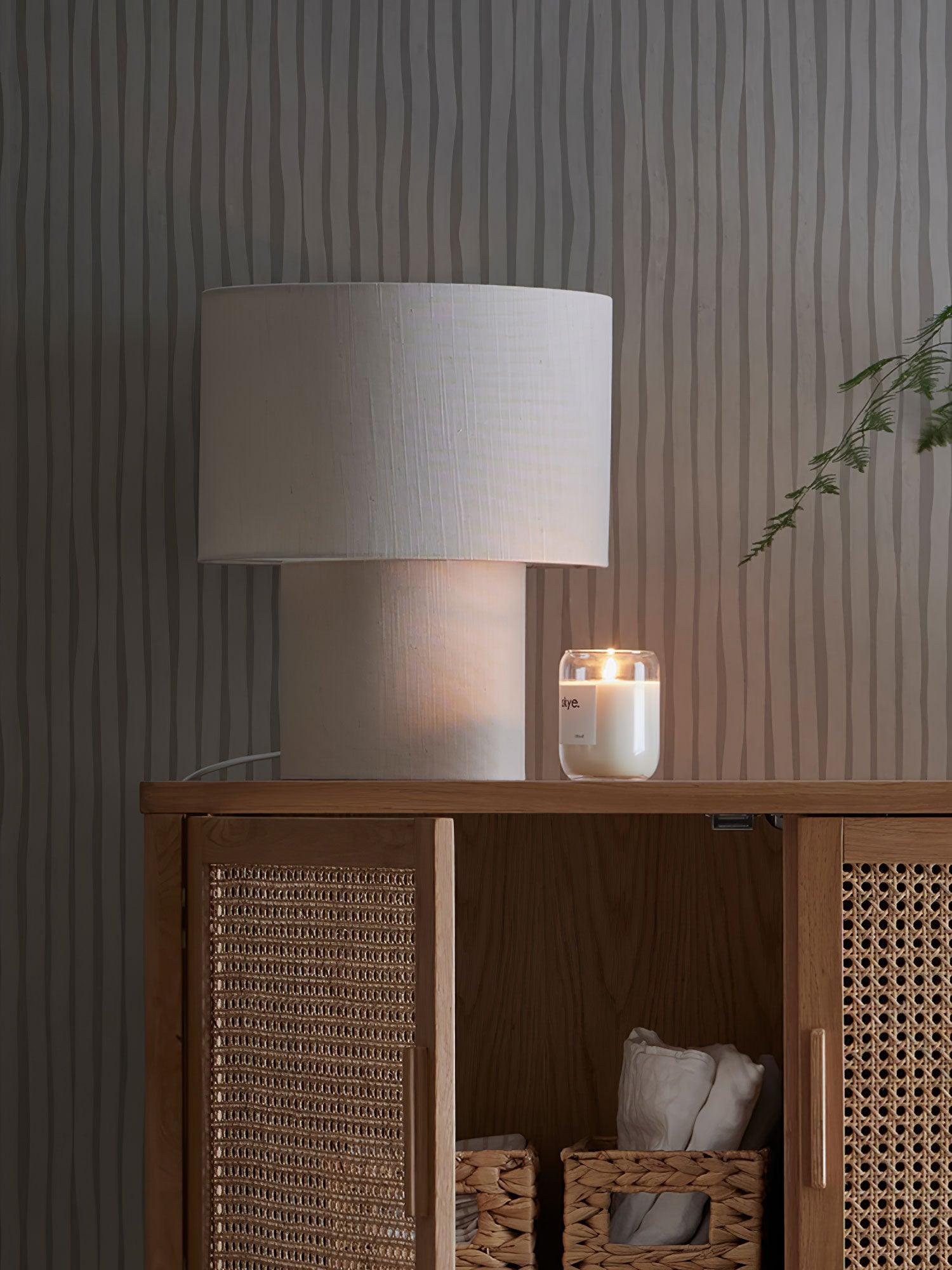 Heron Minimalist Drum Table Lamp Ivory Fabric Shade Black Metal Base for Home Decor