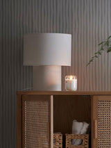 Heron Minimalist Drum Table Lamp Ivory Fabric Shade Black Metal Base for Home Decor