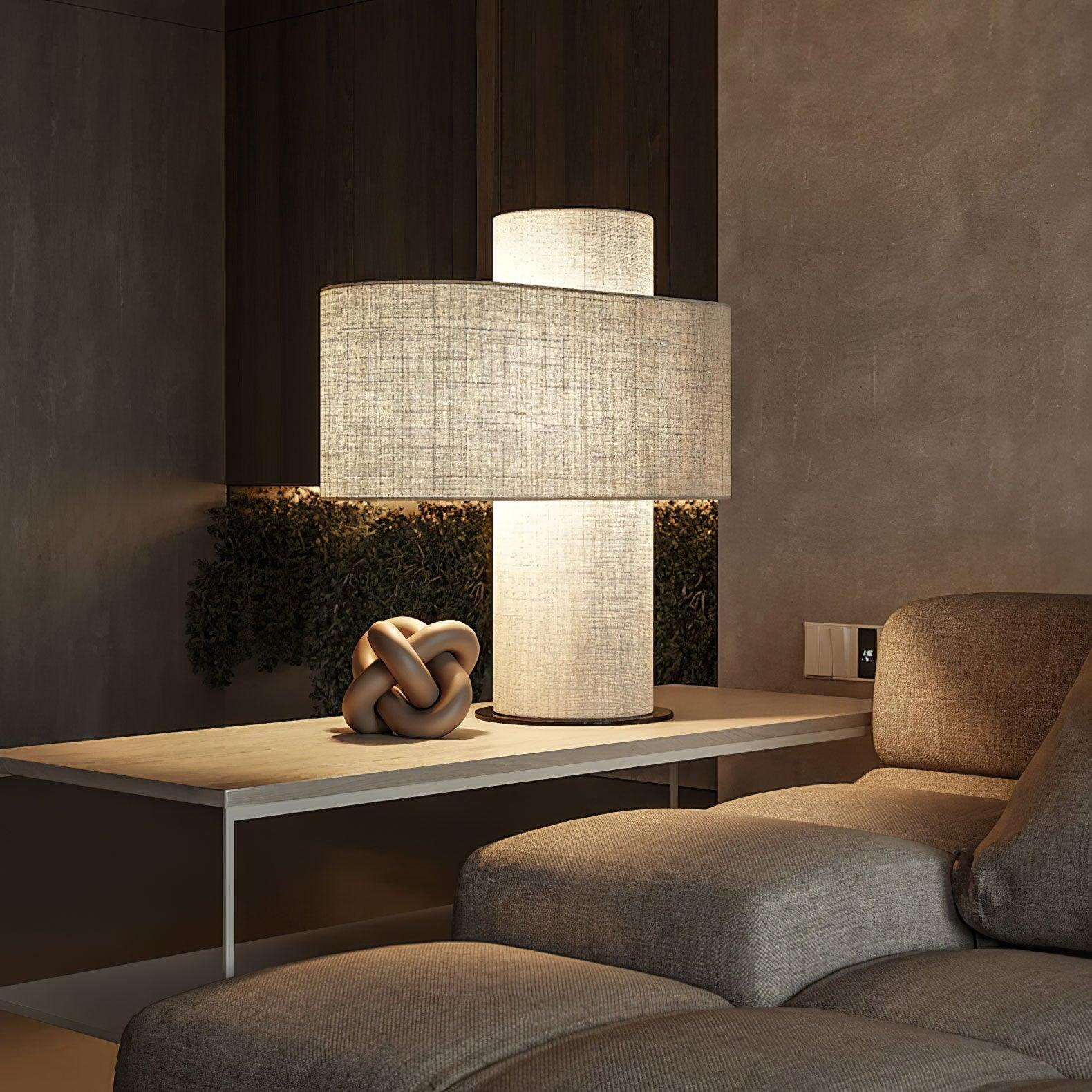 Heron Minimalist Drum Table Lamp Ivory Fabric Shade Black Metal Base for Home Decor
