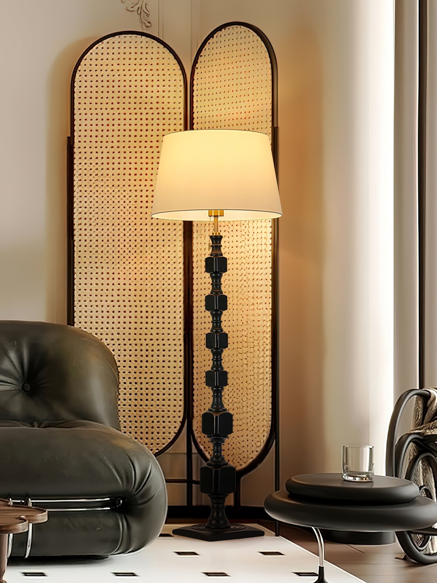 Modern Hexas Stacked Wood and Metal Floor Lamp with Architectural Hexagonal Design