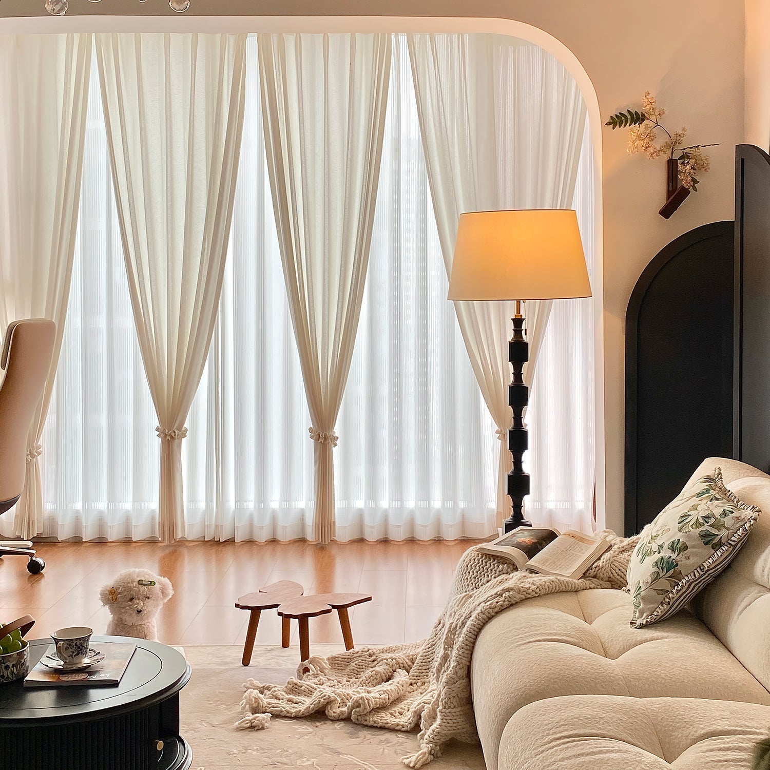 Modern Hexas Stacked Wood and Metal Floor Lamp with Architectural Hexagonal Design