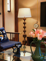 Modern Hexas Stacked Wood and Metal Floor Lamp with Architectural Hexagonal Design