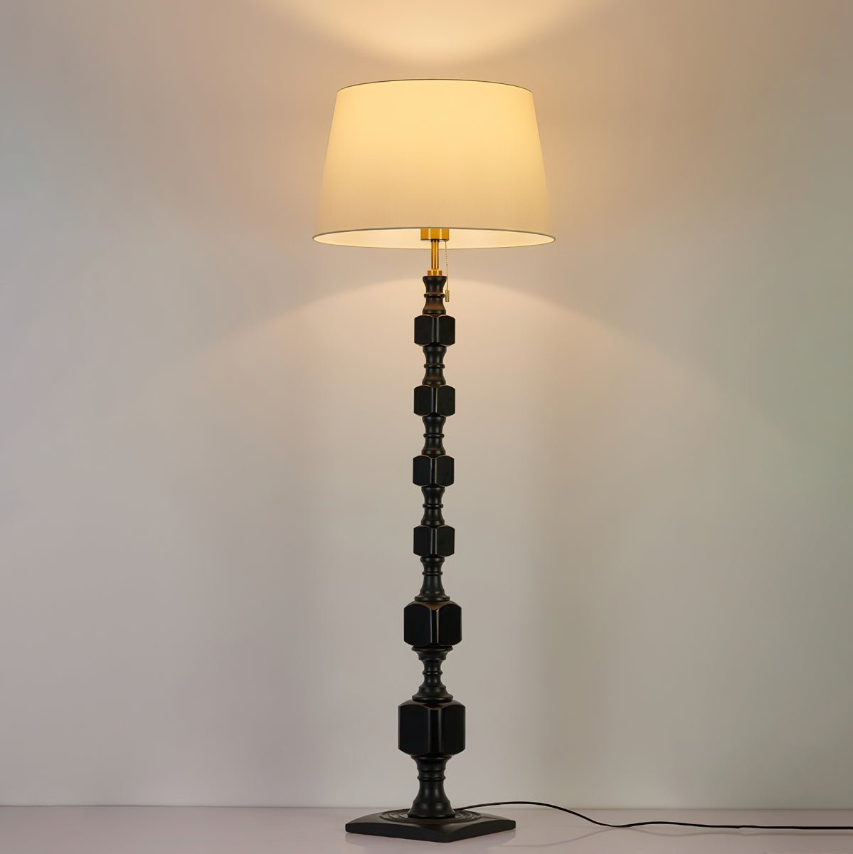 Modern Hexas Stacked Wood and Metal Floor Lamp with Architectural Hexagonal Design