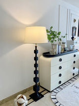 Modern Hexas Stacked Wood and Metal Floor Lamp with Architectural Hexagonal Design