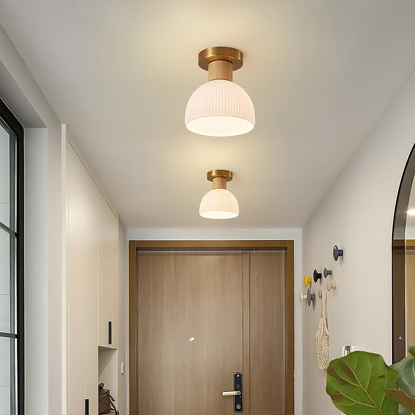modern-horn-shaped-small-ceiling-lamp-with-wood-accents-and-glass-shade