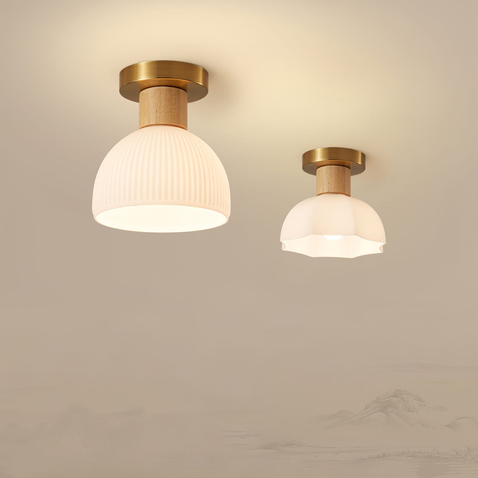 modern-horn-shaped-small-ceiling-lamp-with-wood-accents-and-glass-shade