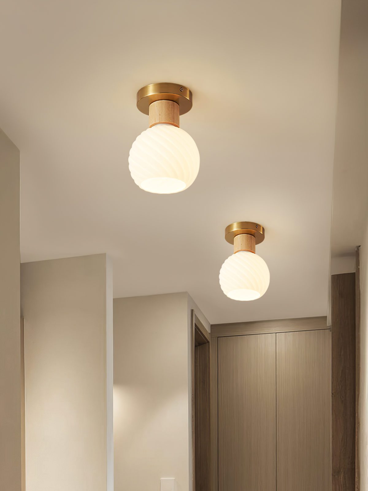 modern-horn-shaped-small-ceiling-lamp-with-wood-accents-and-glass-shade