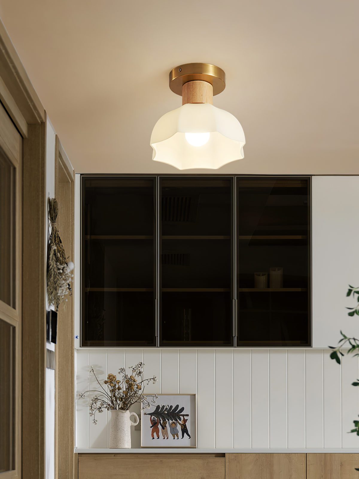 modern-horn-shaped-small-ceiling-lamp-with-wood-accents-and-glass-shade