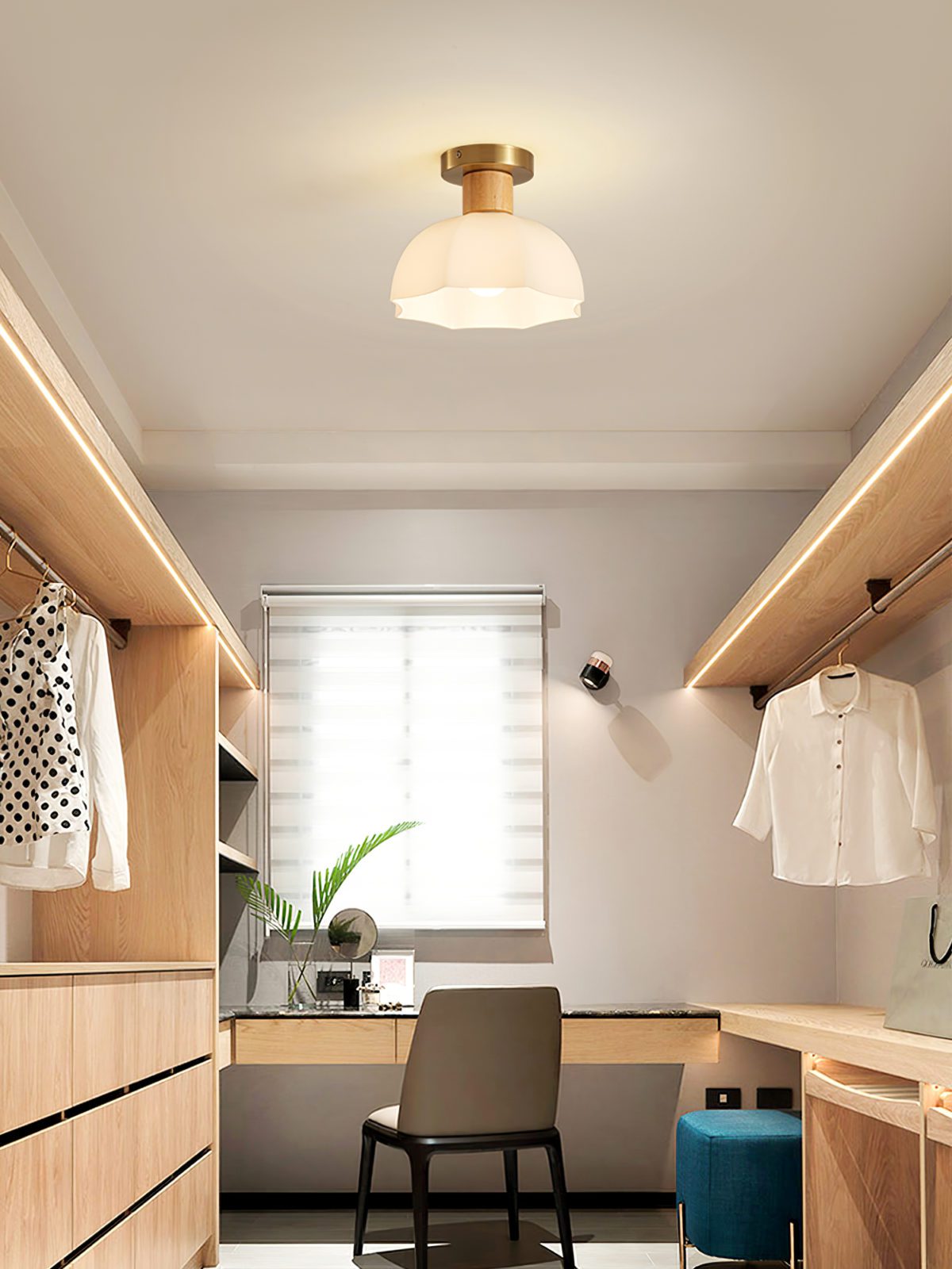 modern-horn-shaped-small-ceiling-lamp-with-wood-accents-and-glass-shade