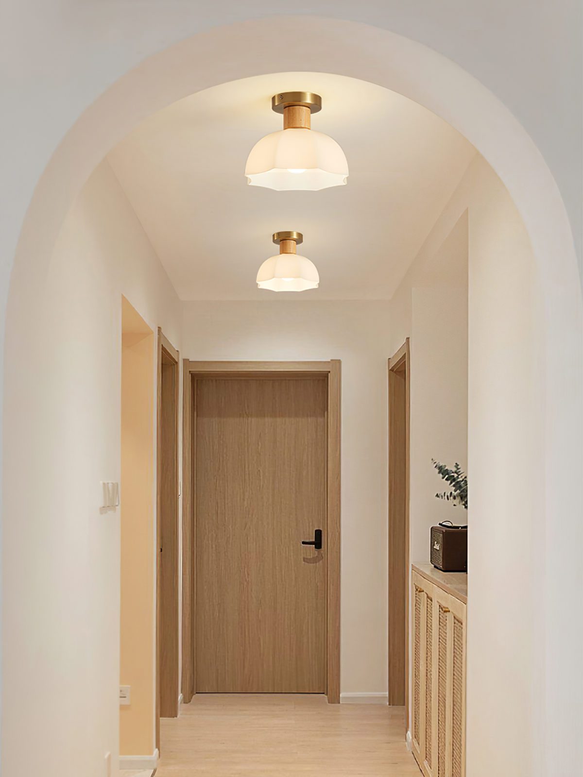 modern-horn-shaped-small-ceiling-lamp-with-wood-accents-and-glass-shade