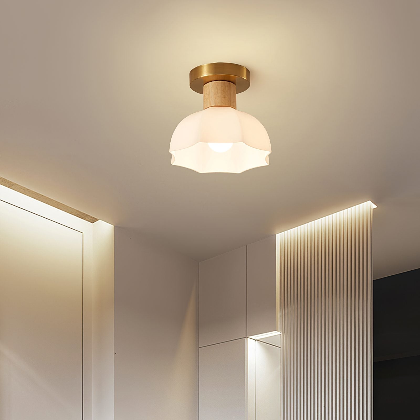 modern-horn-shaped-small-ceiling-lamp-with-wood-accents-and-glass-shade