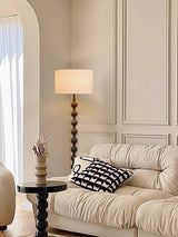 Mid Century Modern Barbell Wood Floor Lamp with Fabric Drum Shade for Indoor Lighting