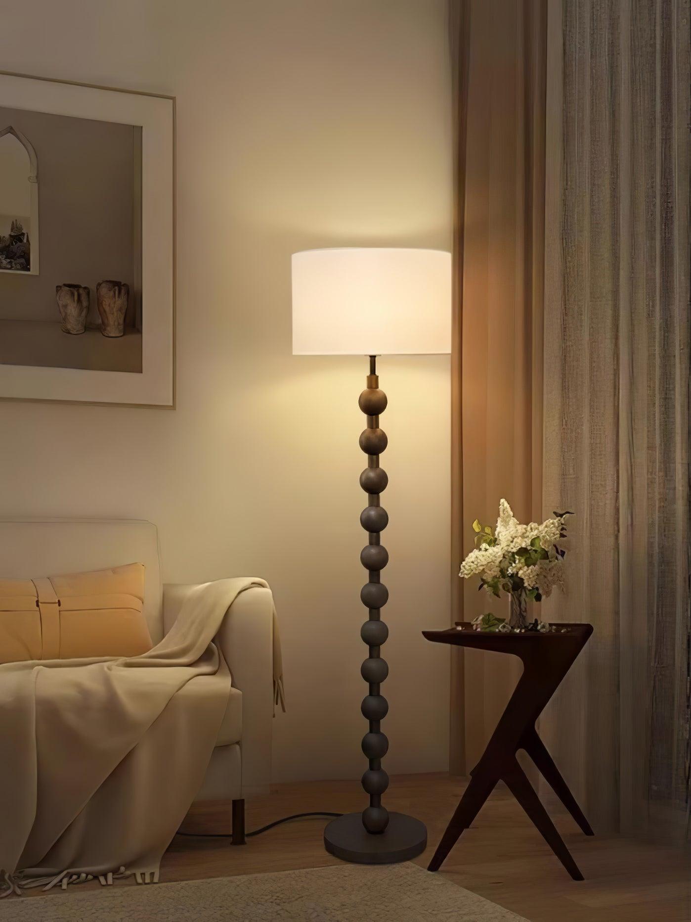 Mid Century Modern Barbell Wood Floor Lamp with Fabric Drum Shade for Indoor Lighting