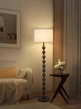 Mid Century Modern Barbell Wood Floor Lamp with Fabric Drum Shade for Indoor Lighting