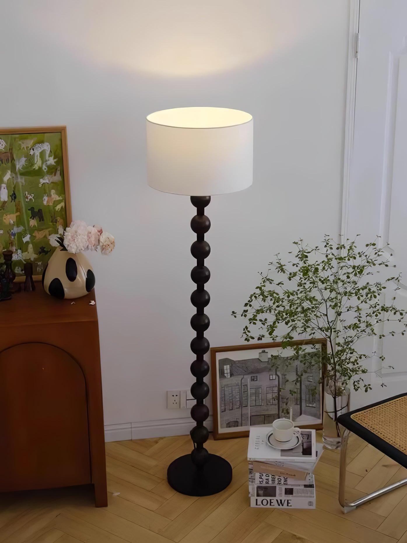 Mid Century Modern Barbell Wood Floor Lamp with Fabric Drum Shade for Indoor Lighting