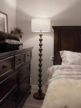 Mid Century Modern Barbell Wood Floor Lamp with Fabric Drum Shade for Indoor Lighting