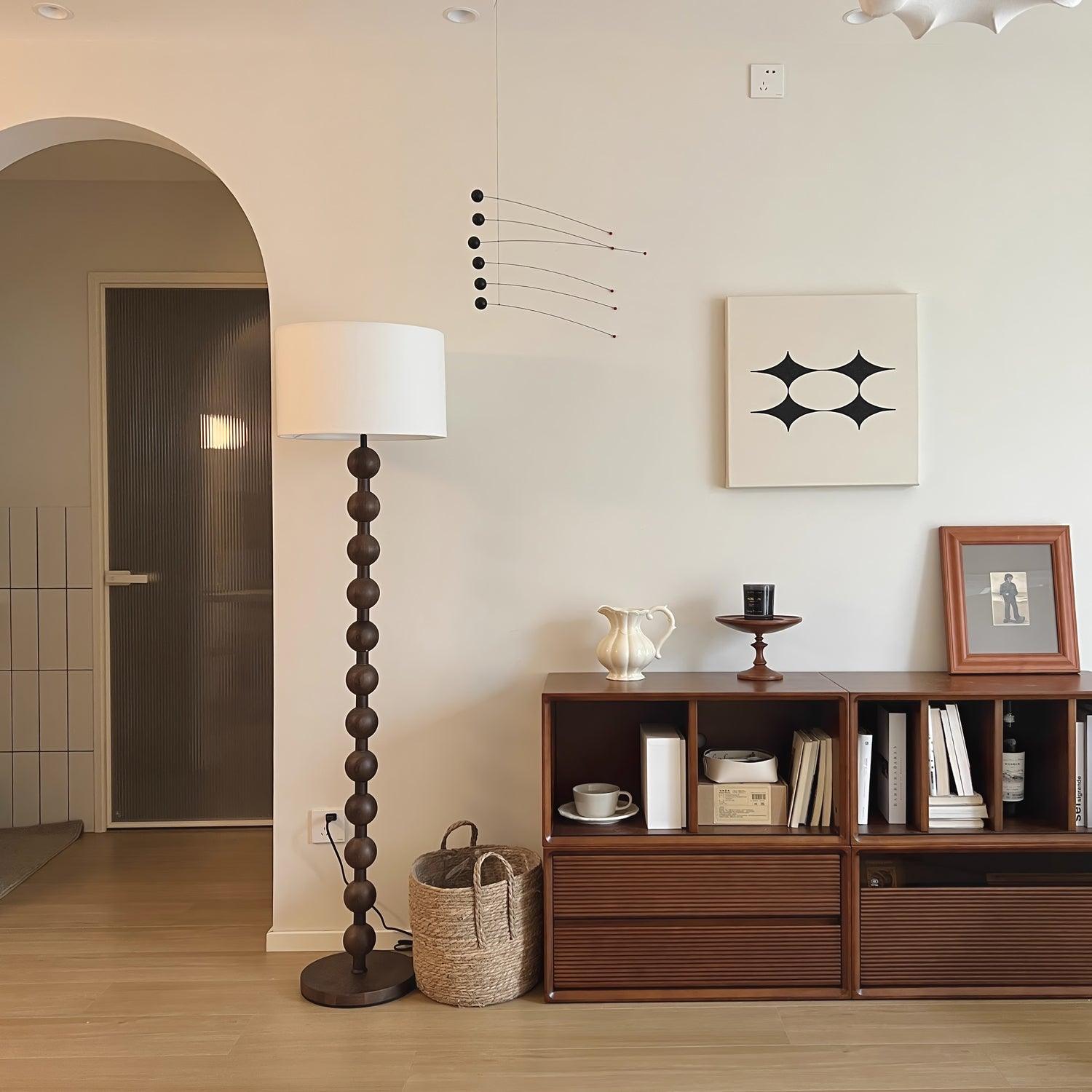 Mid Century Modern Barbell Wood Floor Lamp with Fabric Drum Shade for Indoor Lighting