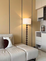 Mid Century Modern Barbell Wood Floor Lamp with Fabric Drum Shade for Indoor Lighting