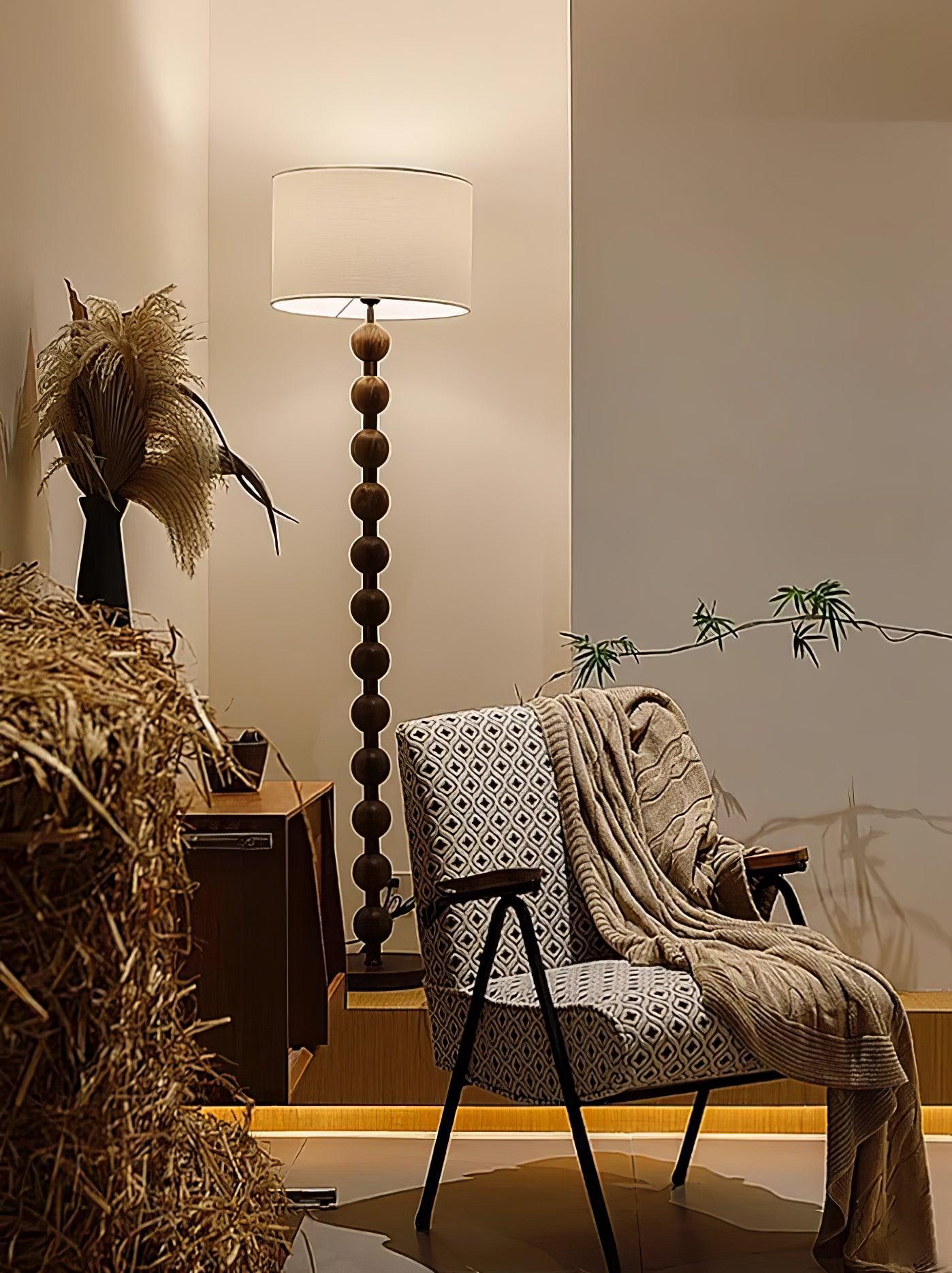 Mid Century Modern Barbell Wood Floor Lamp with Fabric Drum Shade for Indoor Lighting