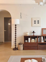 Mid Century Modern Barbell Wood Floor Lamp with Fabric Drum Shade for Indoor Lighting