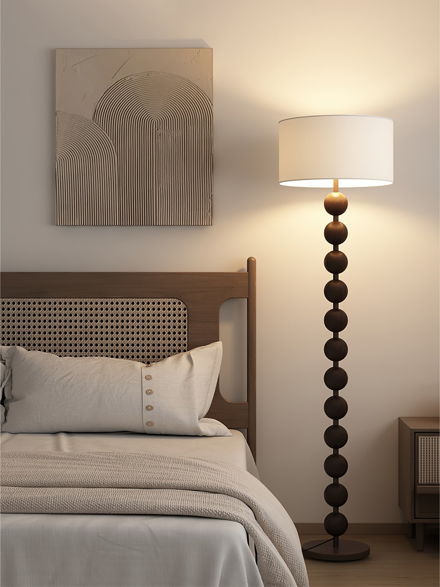 Mid Century Modern Barbell Wood Floor Lamp with Fabric Drum Shade for Indoor Lighting