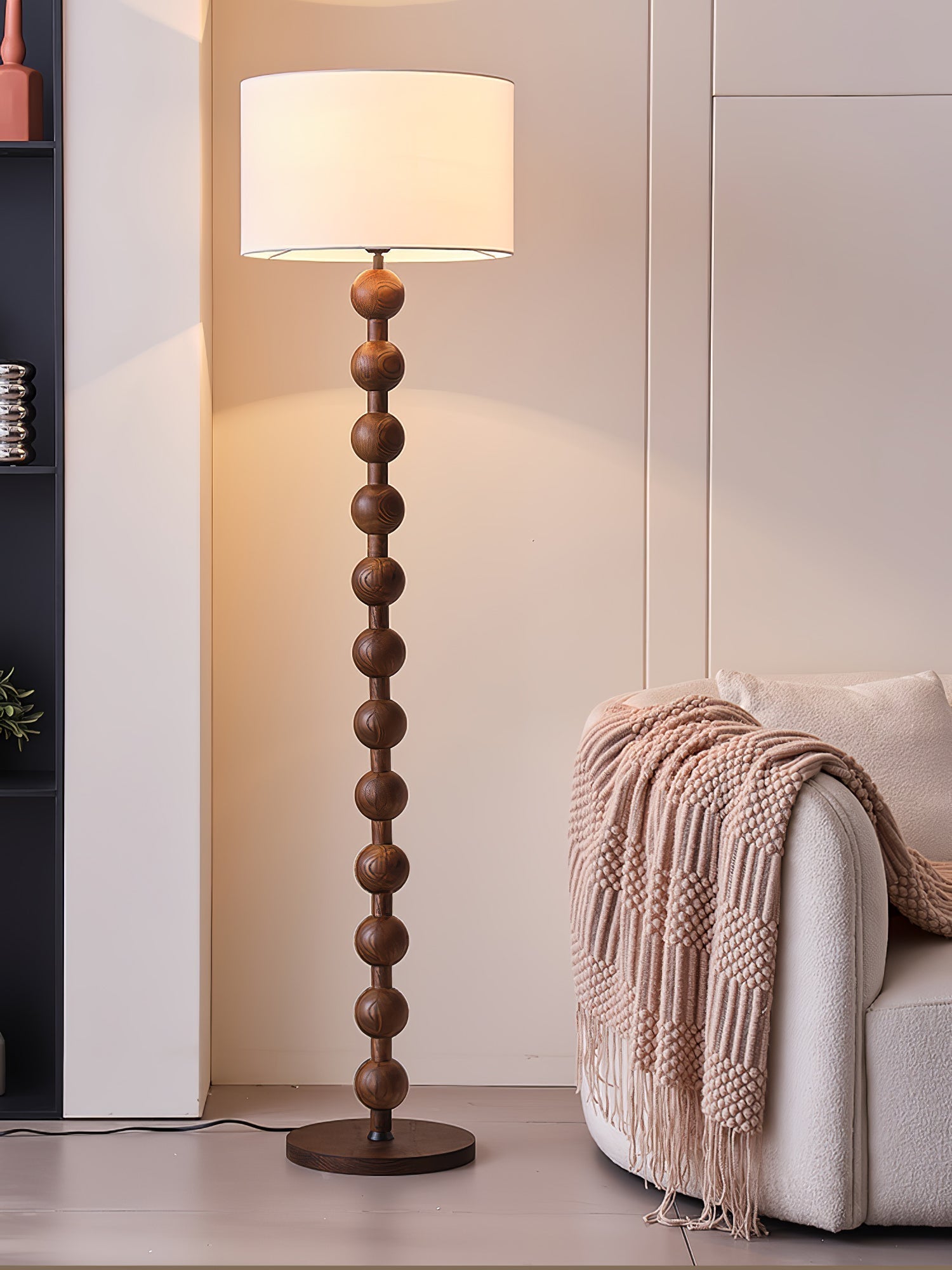Mid Century Modern Barbell Wood Floor Lamp with Fabric Drum Shade for Indoor Lighting