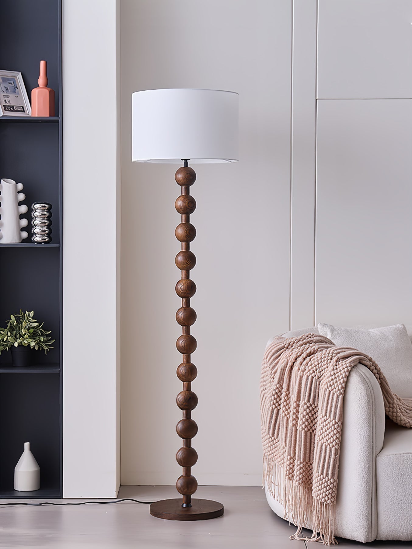 Mid Century Modern Barbell Wood Floor Lamp with Fabric Drum Shade for Indoor Lighting