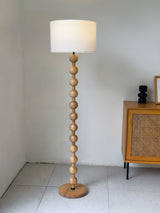 Mid Century Modern Barbell Wood Floor Lamp with Fabric Drum Shade for Indoor Lighting