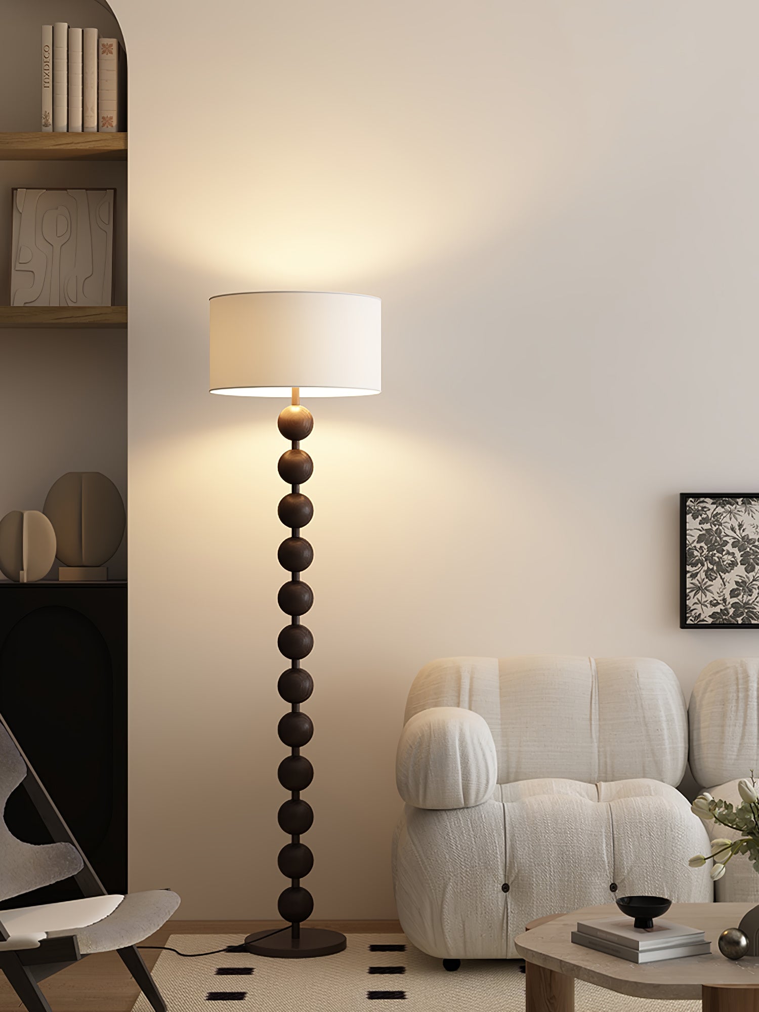 Mid Century Modern Barbell Wood Floor Lamp with Fabric Drum Shade for Indoor Lighting