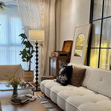 Mid Century Modern Barbell Wood Floor Lamp with Fabric Drum Shade for Indoor Lighting