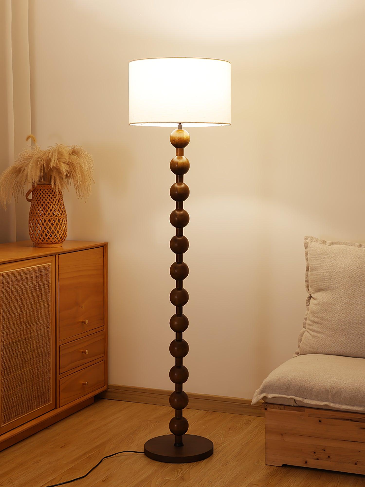 Mid Century Modern Barbell Wood Floor Lamp with Fabric Drum Shade for Indoor Lighting