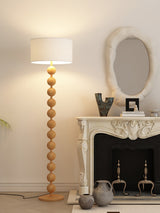 Mid Century Modern Barbell Wood Floor Lamp with Fabric Drum Shade for Indoor Lighting