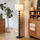 Mid Century Modern Barbell Wood Floor Lamp with Fabric Drum Shade for Indoor Lighting