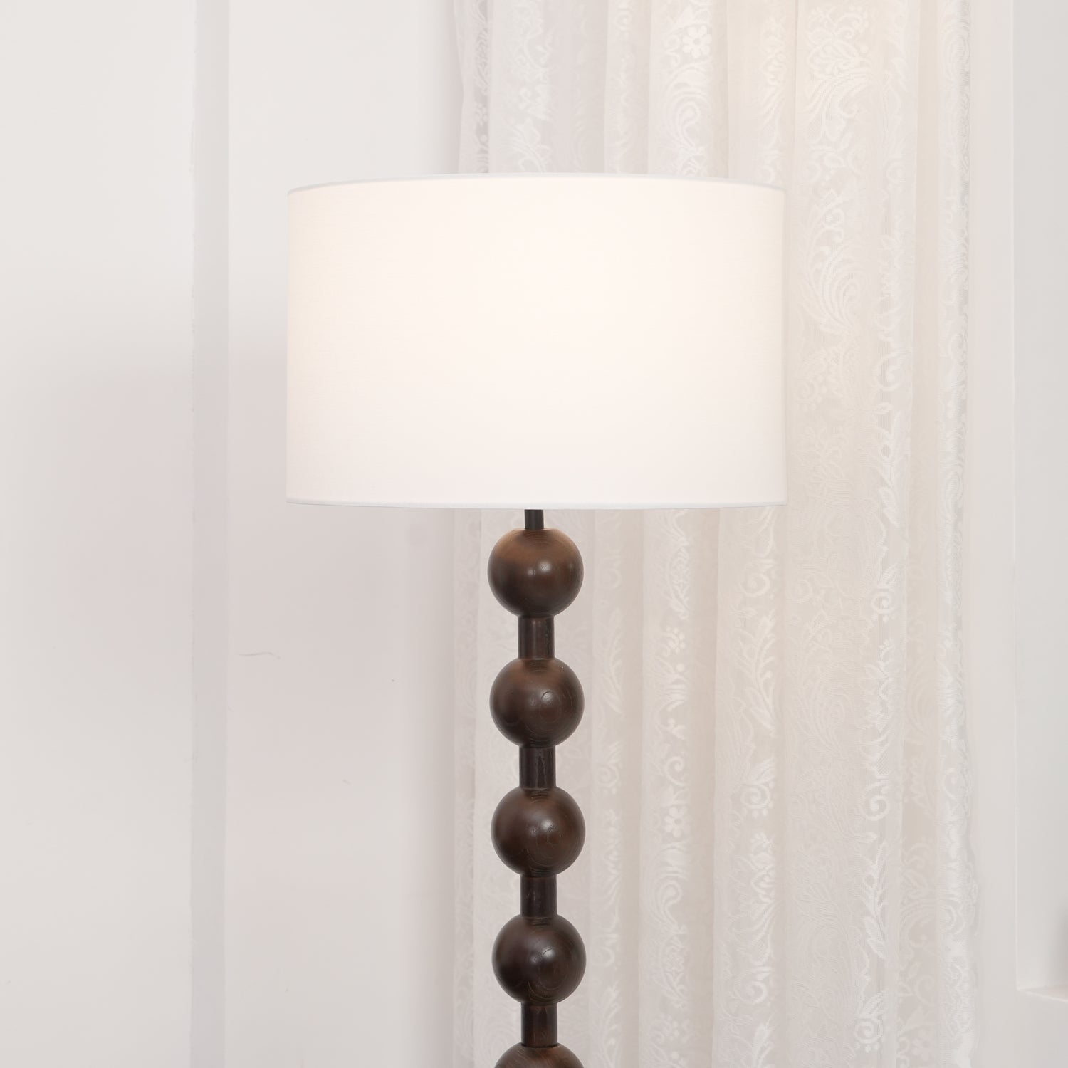 Mid Century Modern Barbell Wood Floor Lamp with Fabric Drum Shade for Indoor Lighting