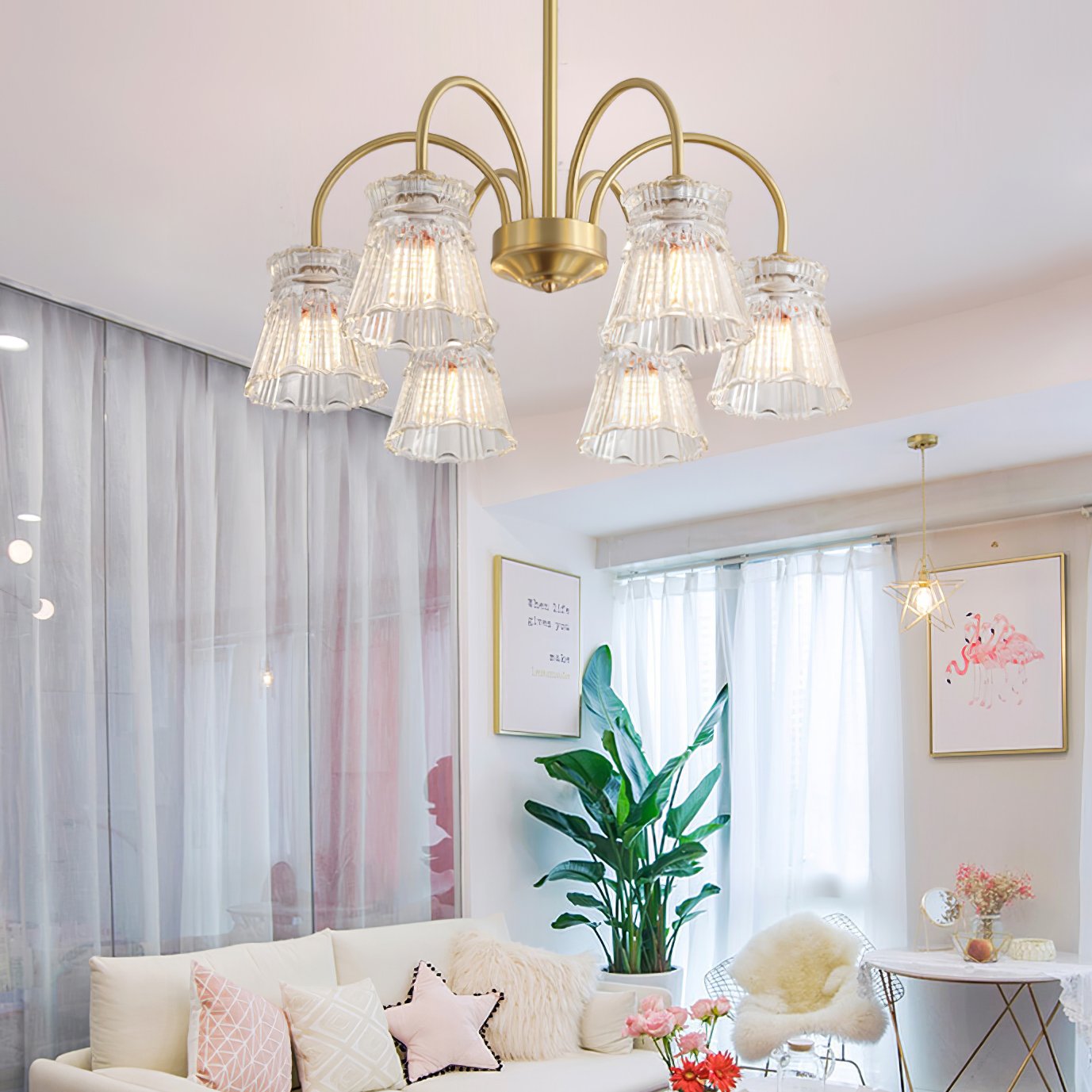 modern-round-brass-chandelier-with-ice-cream-style-frosted-glass-shades-for-living-room