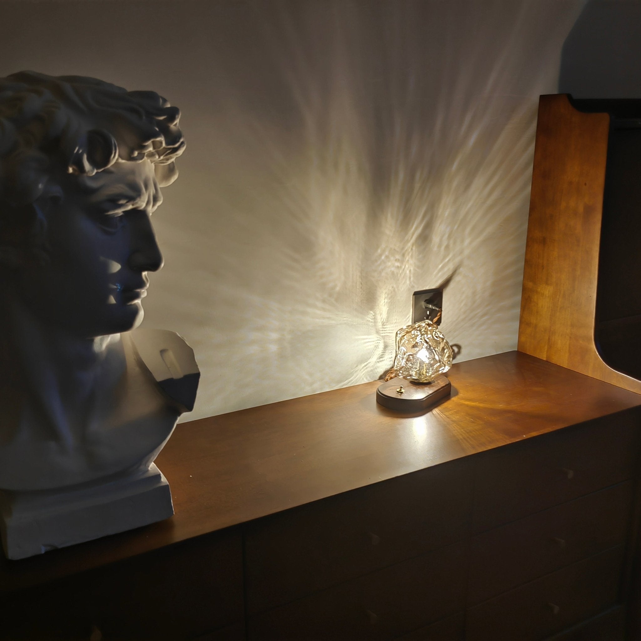 Handcrafted Ice Stone Glass Bedside Table Lamp Smokey Amber Finish Reading Light with Wooden Base