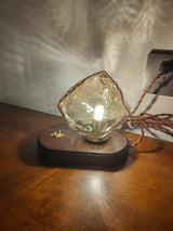 Handcrafted Ice Stone Glass Bedside Table Lamp Smokey Amber Finish Reading Light with Wooden Base