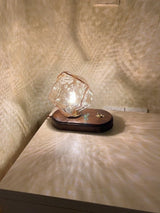 Handcrafted Ice Stone Glass Bedside Table Lamp Smokey Amber Finish Reading Light with Wooden Base