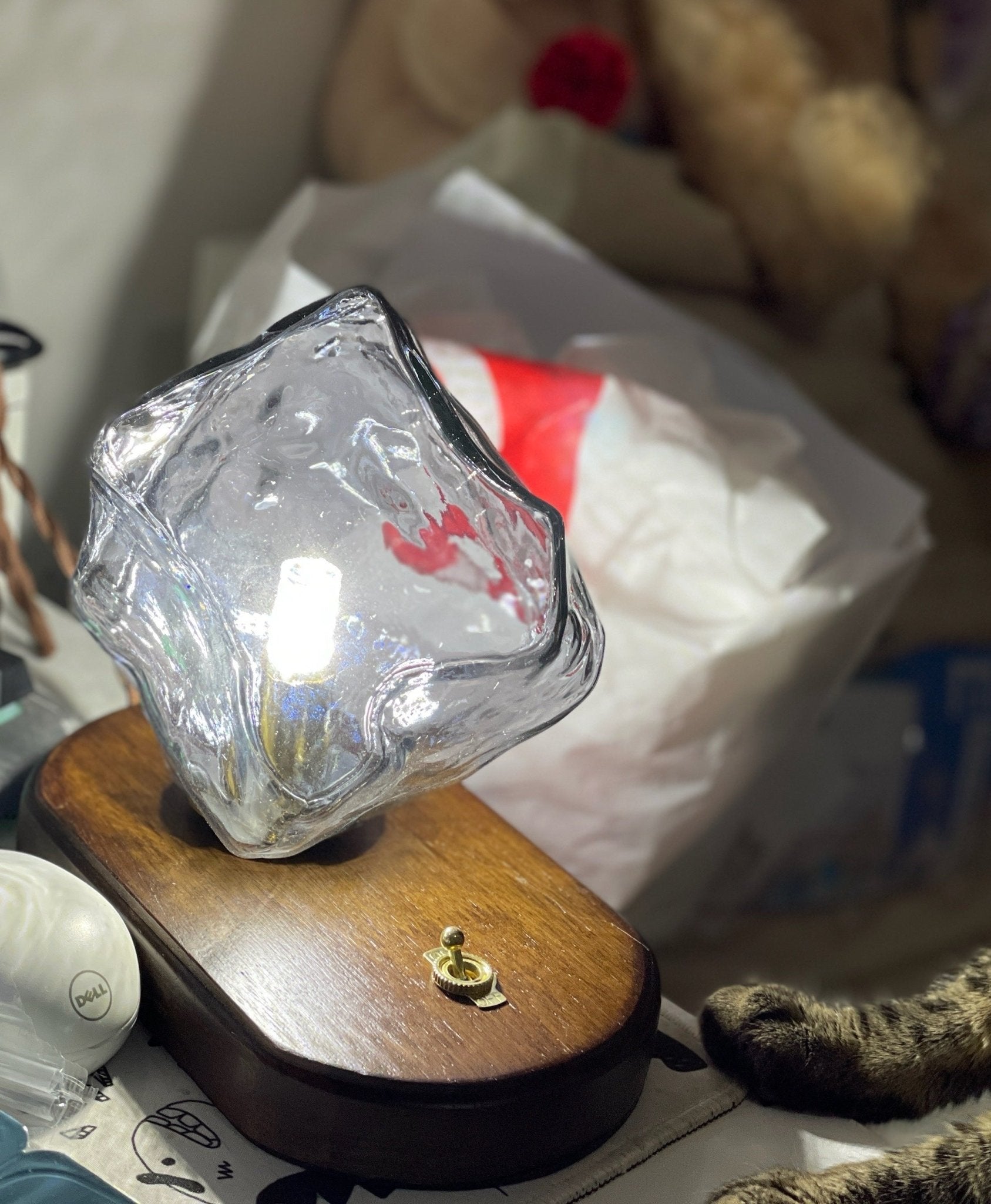 Handcrafted Ice Stone Glass Bedside Table Lamp Smokey Amber Finish Reading Light with Wooden Base