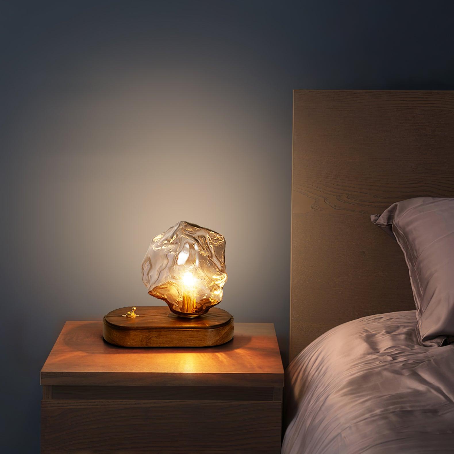 Handcrafted Ice Stone Glass Bedside Table Lamp Smokey Amber Finish Reading Light with Wooden Base