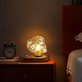 Handcrafted Ice Stone Glass Bedside Table Lamp Smokey Amber Finish Reading Light with Wooden Base