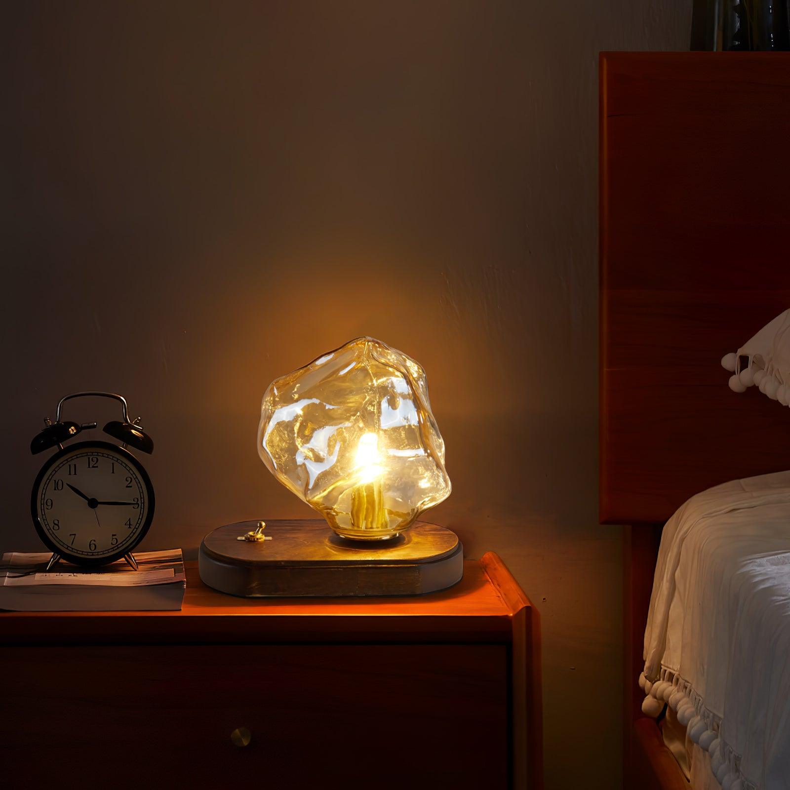 Handcrafted Ice Stone Glass Bedside Table Lamp Smokey Amber Finish Reading Light with Wooden Base
