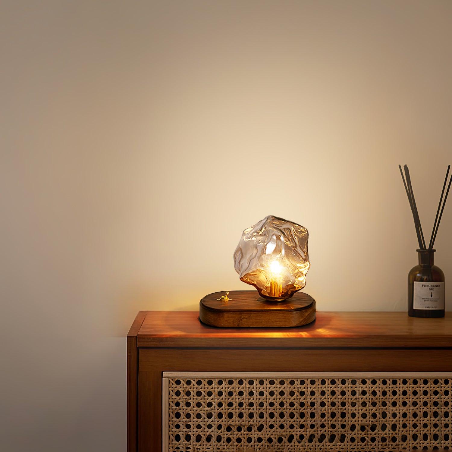Handcrafted Ice Stone Glass Bedside Table Lamp Smokey Amber Finish Reading Light with Wooden Base